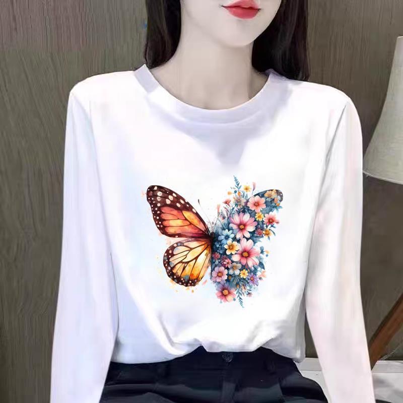 女蝴蝶花卉印花圆领打底衫