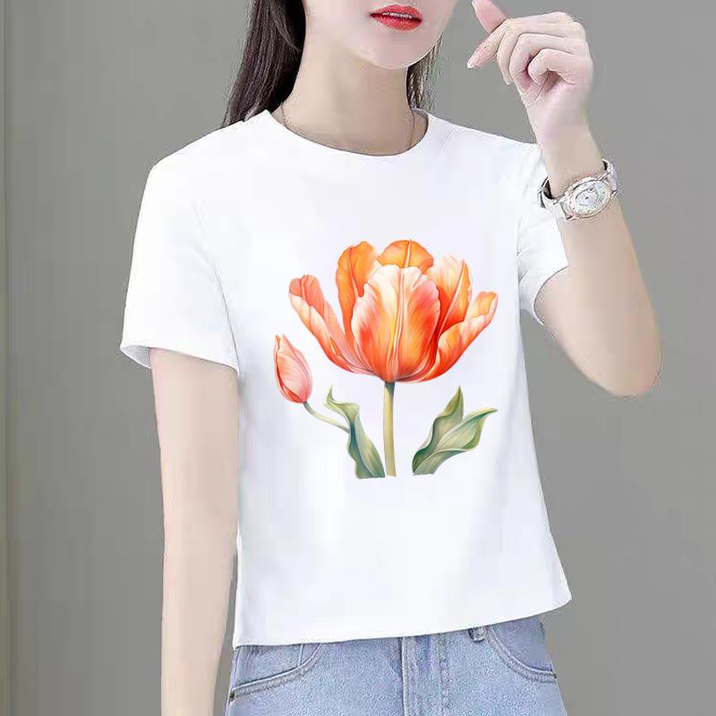 网红花朵花卉通勤休闲印花ins韩版圆领打底衫女士时尚新款短袖T恤