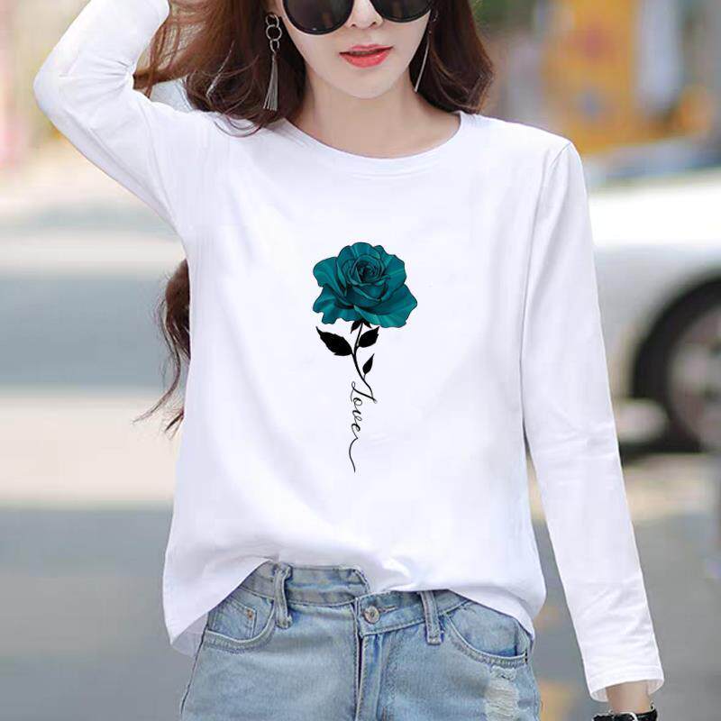 花朵甜美女个性可爱外穿通勤印花圆领休闲秋冬春季打底衫长袖T恤