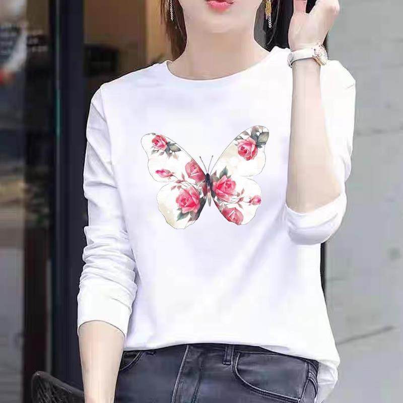 蝴蝶花卉外穿通勤印花上衣圆领运动休闲秋冬春季打底衫女长袖T恤