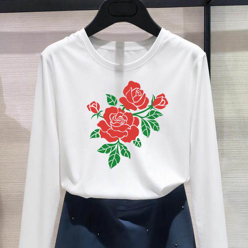 甜美花卉长袖上衣印花外穿打底衫圆领休闲时尚秋冬春季女个性T恤