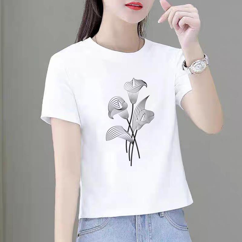 网红爆款新款短袖洋气女韩版圆领时尚休闲花朵收腰薄款印花insT恤