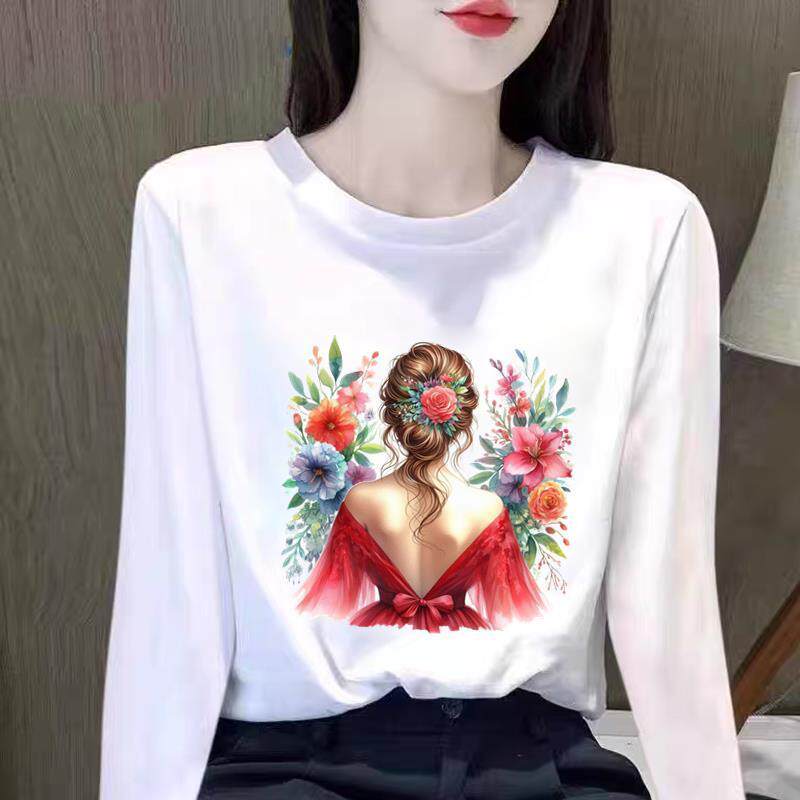 女士春秋季冬时尚淑女个性网红长袖收腰印花洋气上衣可爱圆领T恤