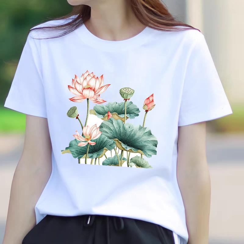 荷花青年网红爆款女士时尚通勤休闲印花ins韩版圆领打底衫短袖T恤
