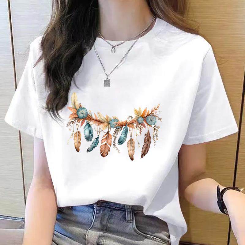 休闲韩版薄款外穿夏季洋气女羽毛流行圆领新款印花ins时尚短袖T恤
