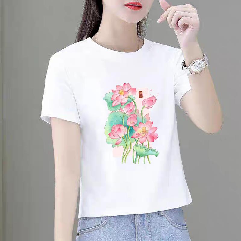 洋气女韩版外穿短袖夏季新款休闲薄款印花ins圆领时尚可爱荷花T恤