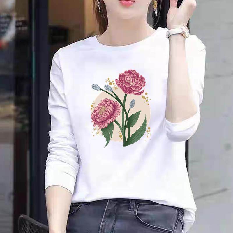 外穿通勤印花上衣圆领休闲秋冬春季运动花卉女个性可爱长袖T恤