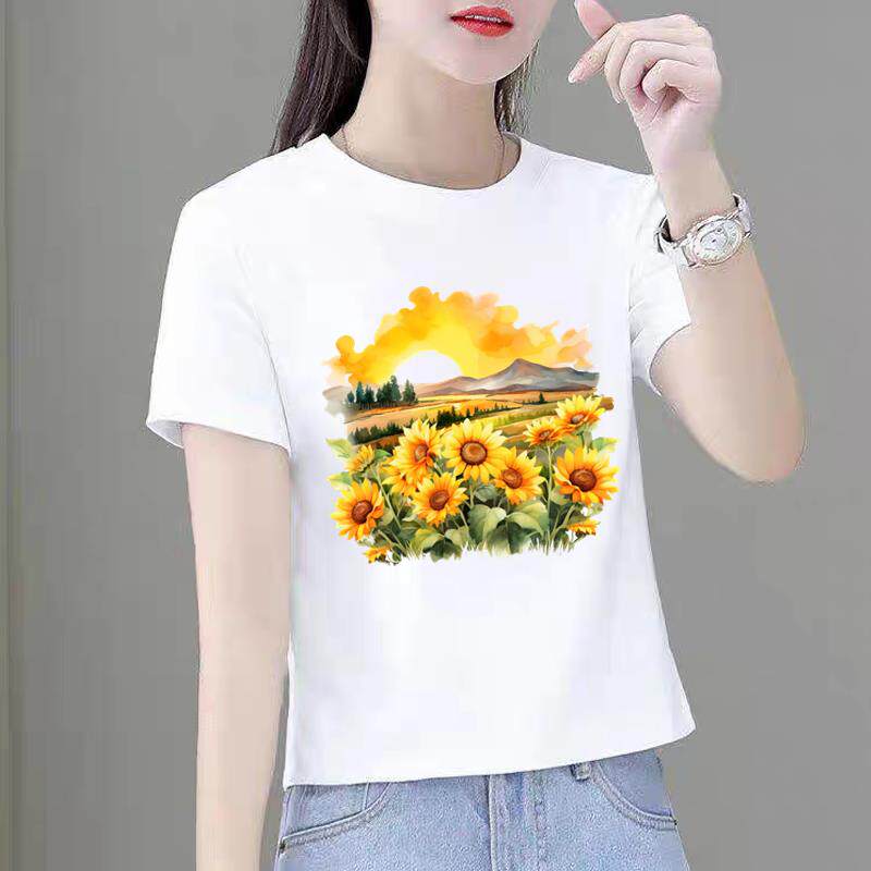 洋气打底衫夏季韩版圆领休闲新款短袖白色上衣印花ins女时尚T恤