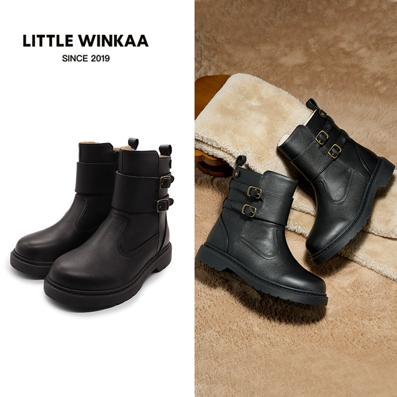 little winkaa童靴女童冬季新款儿童低筒双扣百搭马丁靴子骑士靴