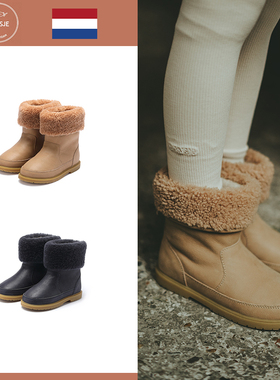 荷兰DONSJE男女儿童手工皮鞋动物秋冬翻毛边中筒靴加绒中童靴皮靴