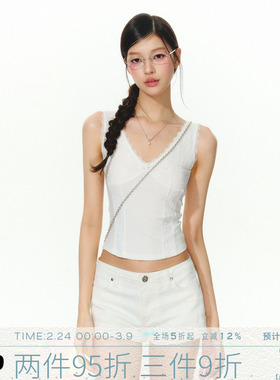 MMMOUND 白色V领蕾丝无袖背心女夏季新款上衣