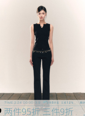 MMMOUND 美式复古黑色牛仔喇叭裤女秋季新款修身长裤子