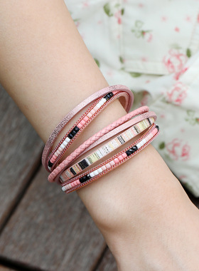 新品上市波西米亚风手链米珠女士皮革手串多层皮革手工编织手镯