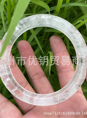 天然白水晶手镯 宽版圆条雪花晶体白幽灵冰透闪片彩虹