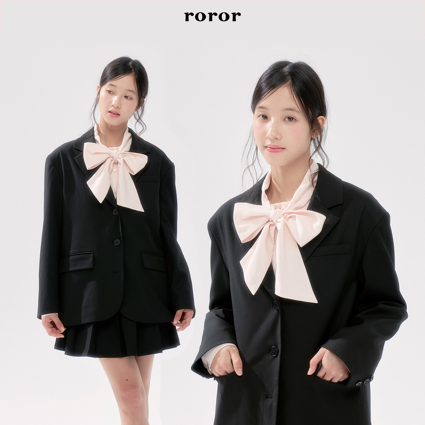 roror甜酷通勤黑色蝴蝶结西装女