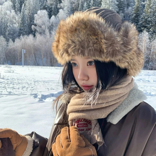 复古大头围皮质雷峰帽女加厚毛绒护耳防寒东北旅游穿搭骑车帽子男