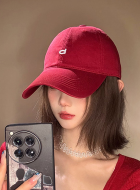 帽子女鸭舌帽显脸小适合方圆脸大头围宽帽檐字母刺绣红色棒球帽潮