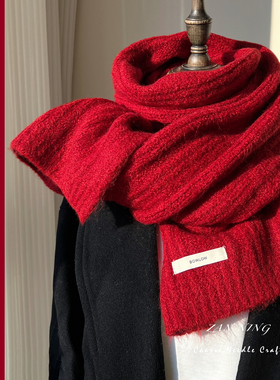 含羊毛韩系红色毛线围巾女冬季氛围感情侣保暖小巧护颈针织短围脖