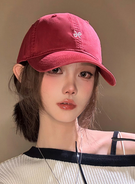 红色复古软顶帽子女鸭舌帽宽帽檐显脸小韩版百搭弯檐棒球帽大头围