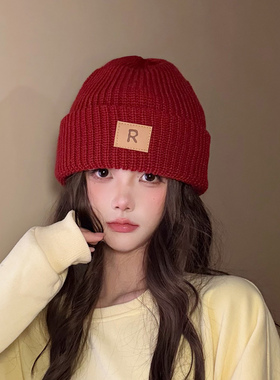 大头围红色毛线帽子女秋冬季宽松保暖堆堆冷帽大脸显小针织护耳帽