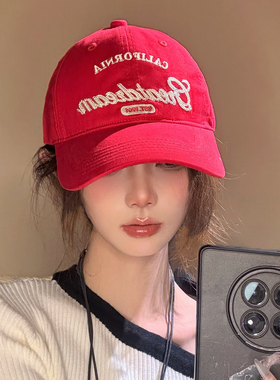 美式红色字母棒球帽女加大加深顶大帽檐显脸小帽子百搭ins鸭舌帽