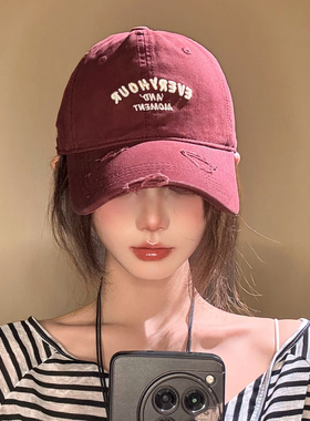红色帽子女鸭舌帽显脸小大帽檐加大加宽加深顶韩系字母刺绣棒球帽