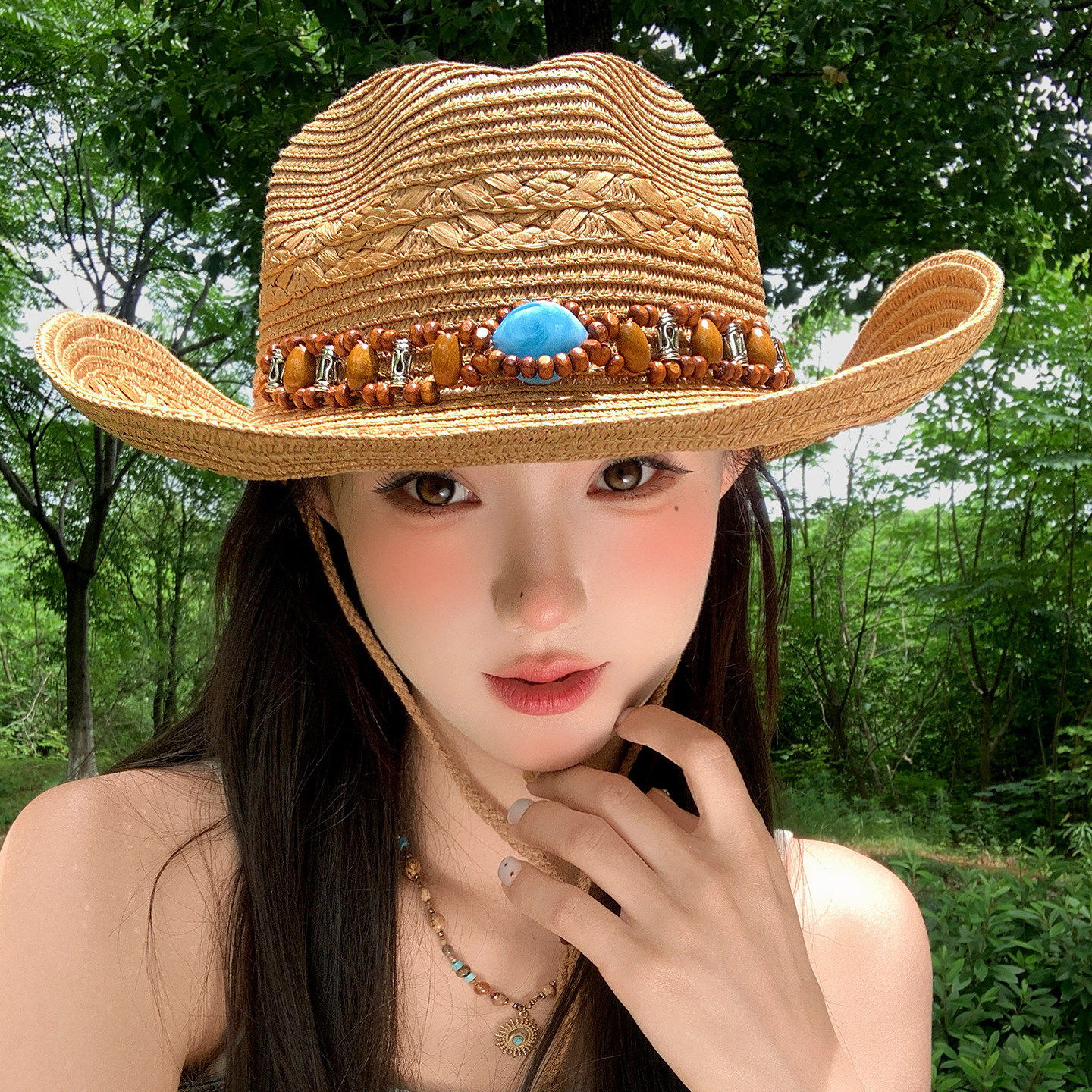 民族风草编西部牛仔帽女夏季拍照旅游度假大帽檐草帽防晒太阳帽子