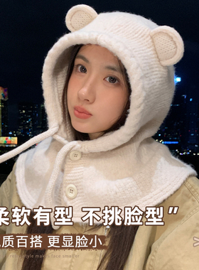 甜美可爱小红帽女秋冬季针织毛线系带护耳帽韩版保暖百搭红色帽子