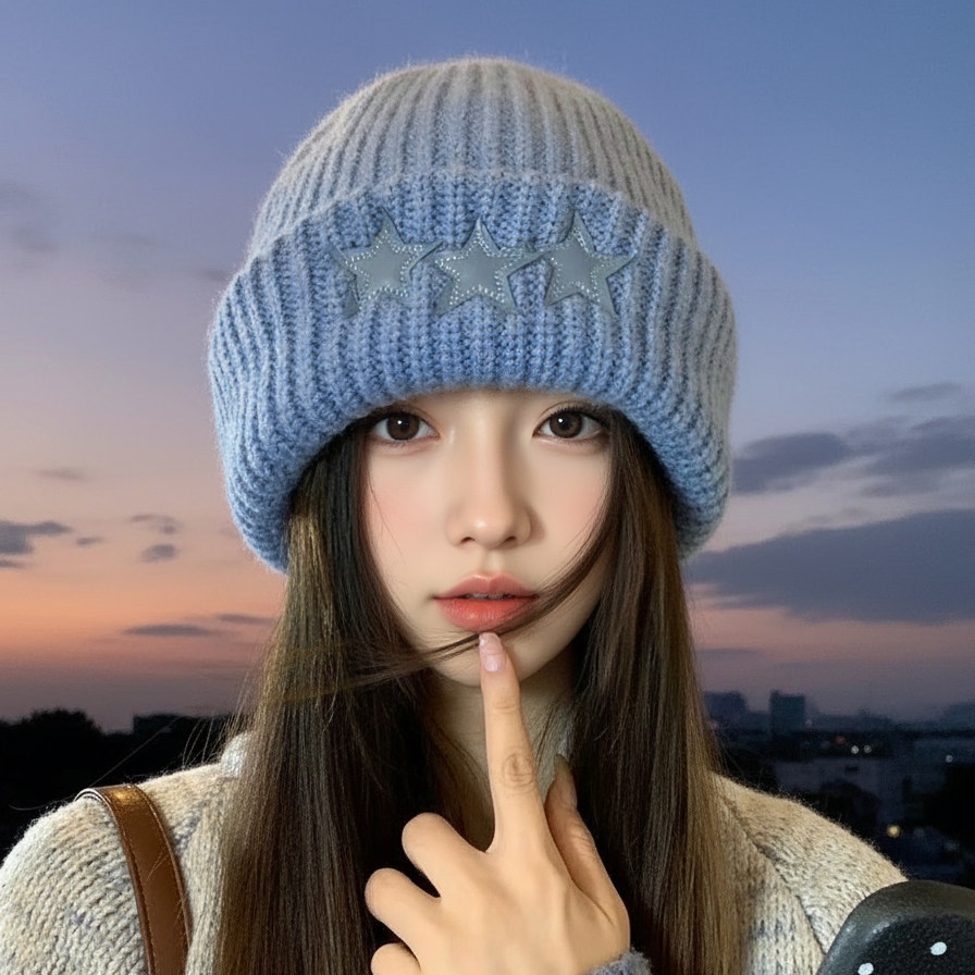 蓝色针织帽子女款2025新款冬季保暖百搭韩版星星大头围包头毛线帽