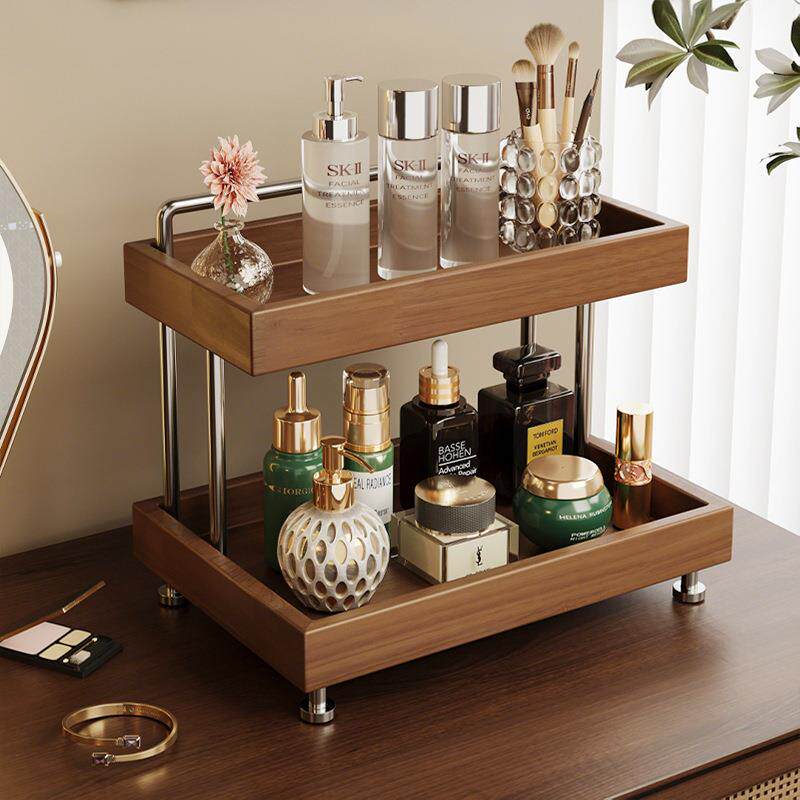 桌面收纳盒梳妆台首饰护肤品香水口红置物架双层实木化妆品收纳架