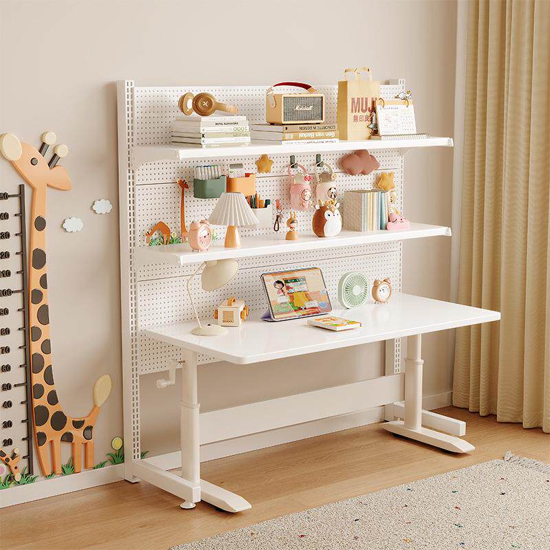 洞洞板置物架落地书架书桌一体靠墙金属免打孔电脑桌学习桌收纳架