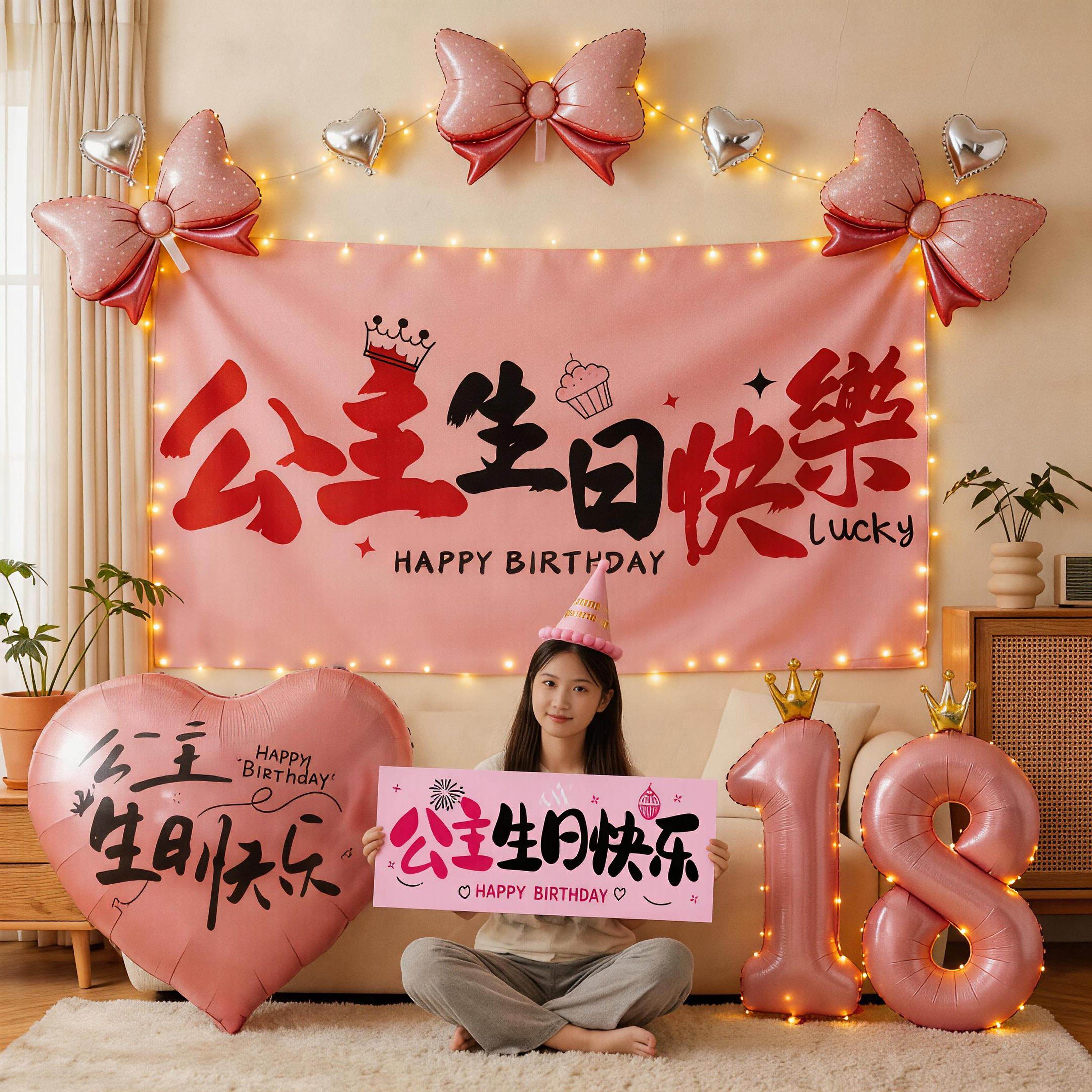 18岁成人礼生日场景布置装饰气球派对十八岁女生高级感粉色背景墙