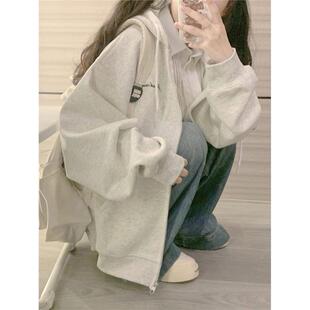 上衣潮 薄开衫 灰色运动外套女卫衣春秋季 拉炼连帽oversize2025新款