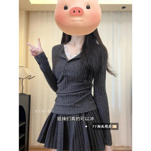 内搭上衣早春穿搭 女设计感纯欲修身 假两件蕾丝长袖 针织V领打底衫