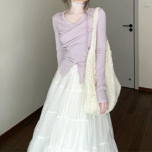 子女春季 洋装 2025新款 小个子开 法式 春穿搭气质长裙套装 紫色长袖