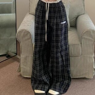 裤 美式 夏季 女款 子宽松bf慵懒风高腰显瘦直筒遛弯休闲 格子阔腿裤