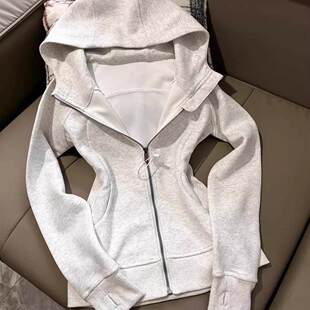 外套春秋2025新款 开春穿搭卫衣收腰女装 连帽上衣 灰色正肩修身 美式
