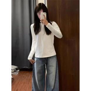 修身 T恤女春秋冬内搭显瘦打底衫 百搭上衣 正肩纯棉长袖 白色基础款