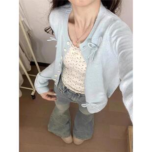 外套上 蝴蝶结蓝色毛衣女甜妹韩系春秋季 薄荷曼波芭蕾风针织开 衫