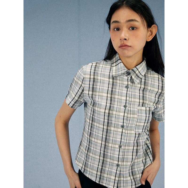 UNRETRO甜酷少女复古千禧辣妹小个子修身短款纯棉格纹短袖衬衫女