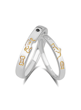 s999纯银浪漫甜蜜喵汪对戒创意涂鸦开口可调节足银情侣戒指批发