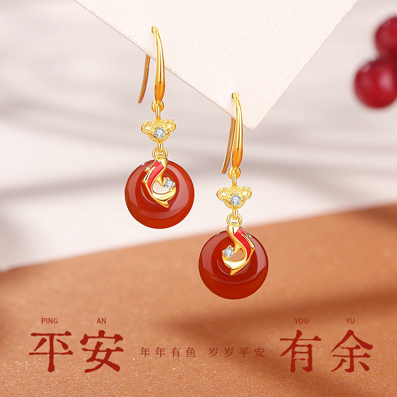 原创平安扣锦鲤红玛瑙耳钩纯银复古国风新中式耳环如意锁新年耳饰
