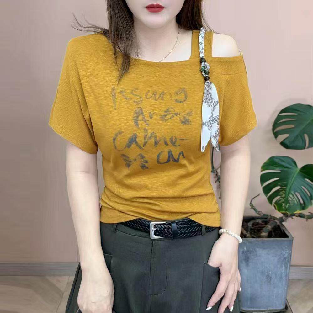 女士夏季时尚印花短袖打底衫洋气纯色T恤小个子夏装休闲百搭小衫