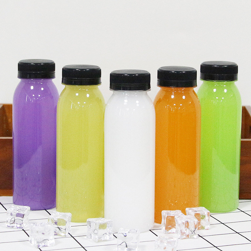 果汁饮料瓶塑料罐食品级一次性奶茶汽水瓶透明圆肩便携冷饮250ml