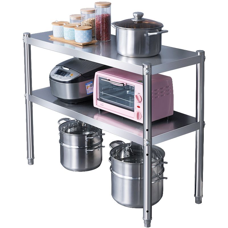 不锈钢厨房置物架落地货架u2层微波炉收纳储物架家用整理放锅架子