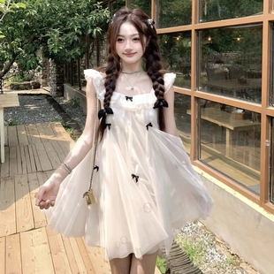 纯欲千金风蝴蝶结网纱连衣裙女设计感小个子气质甜美娃娃裙 夏法式