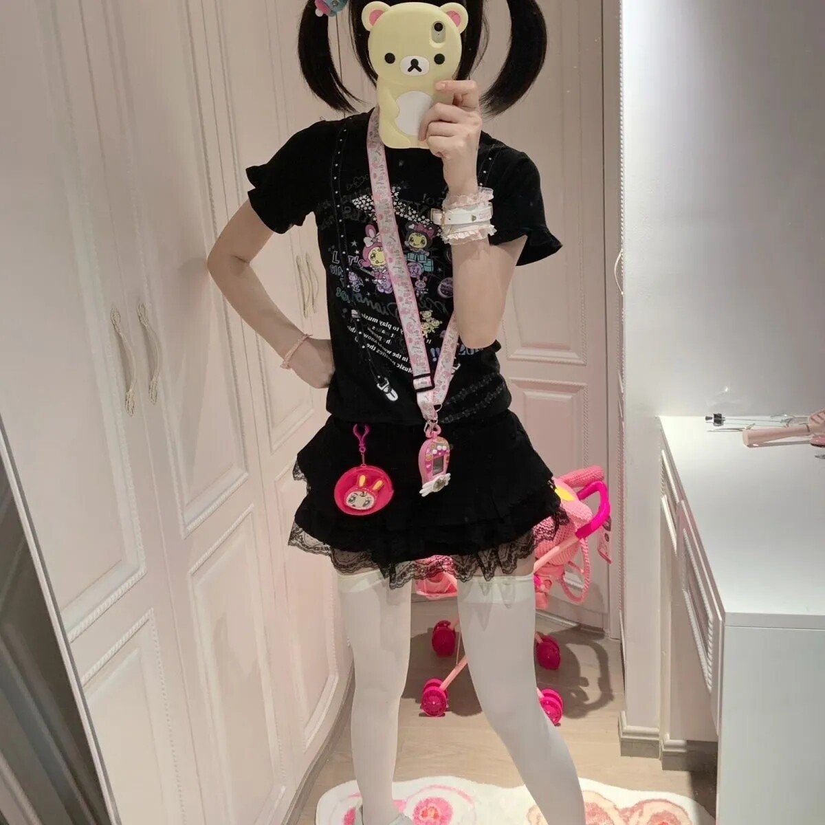 黑色音乐符印花摇滚mp兔荷叶边短袖中古软妹萌宅上衣童趣服女儿服