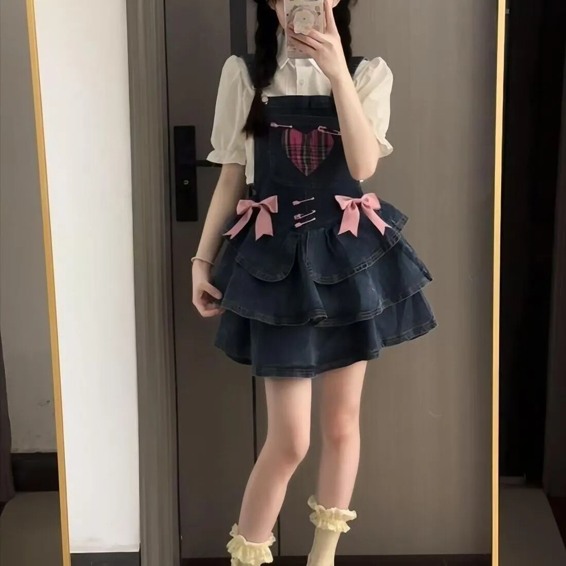 可爱牛仔背带裙女夏季新款吊带连衣裙蛋糕蓬蓬裙百褶短裙衬衫套装