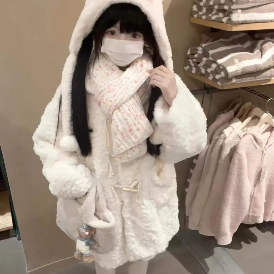 秋冬韩版牛角扣加厚羊羔毛棉服女