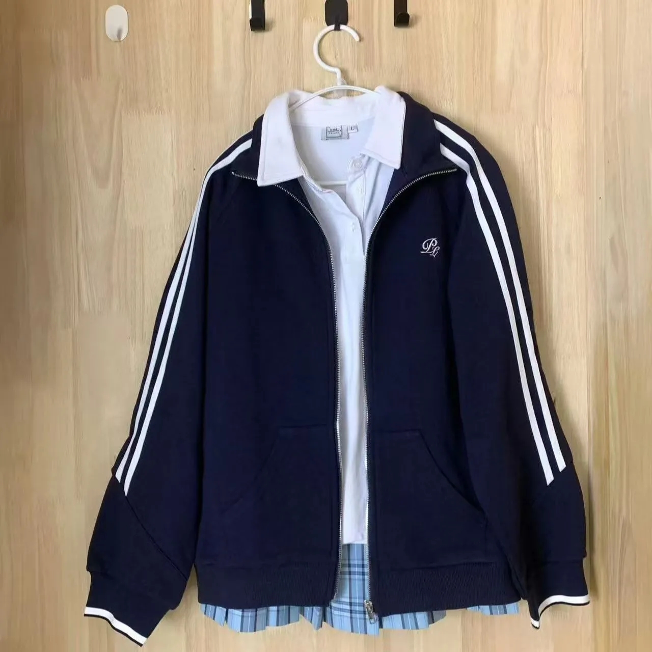 日系学院条纹运动立领卫衣女秋冬小个子学生宽松休闲加绒外套开衫